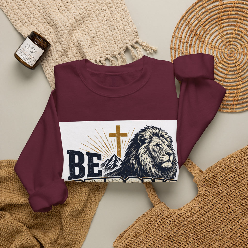 Be Strong and Courageous Crewneck Sweatshirt — Joshua 1:9 Lion & Cross Christian Pullover