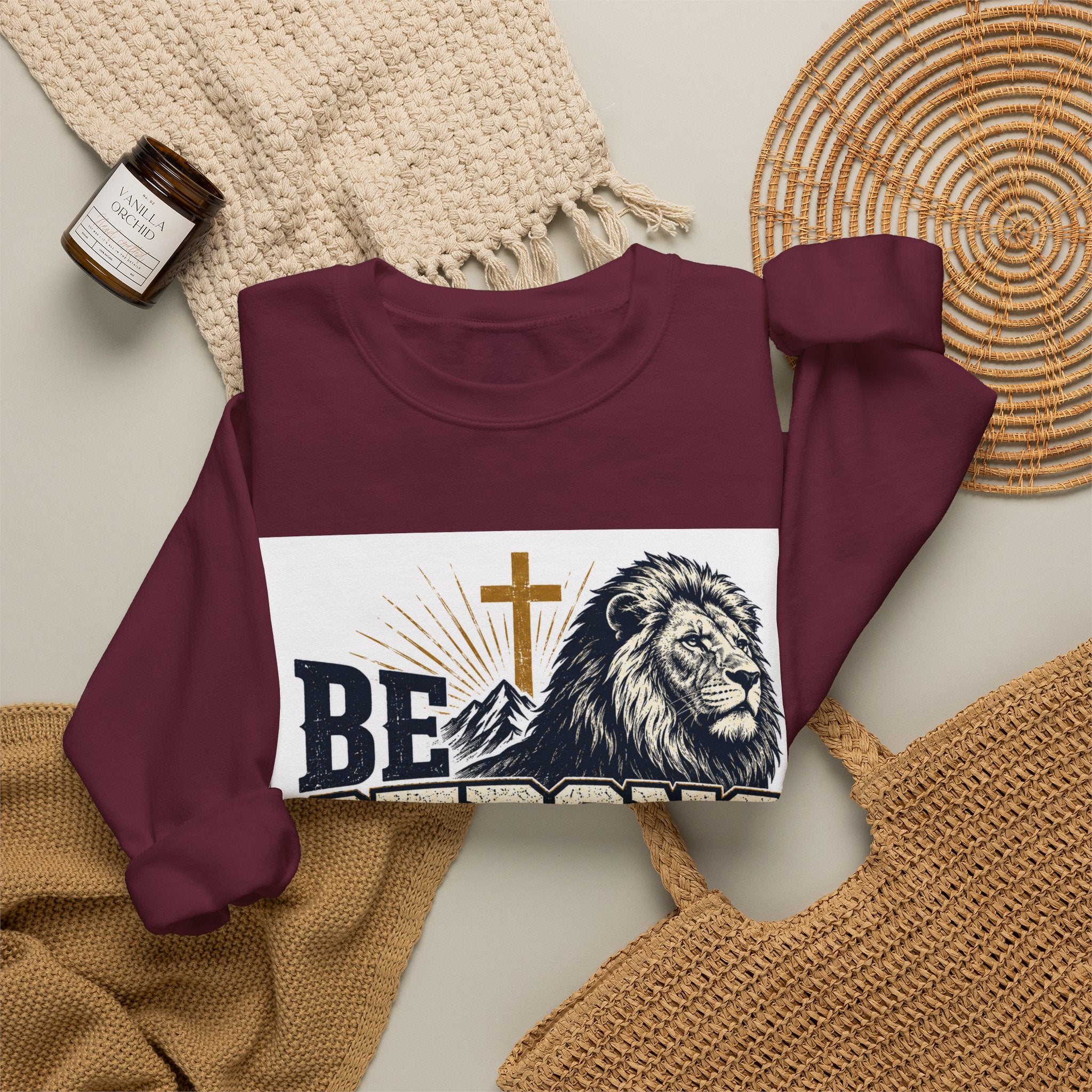 Be Strong and Courageous Crewneck Sweatshirt — Joshua 1:9 Lion & Cross Christian Pullover