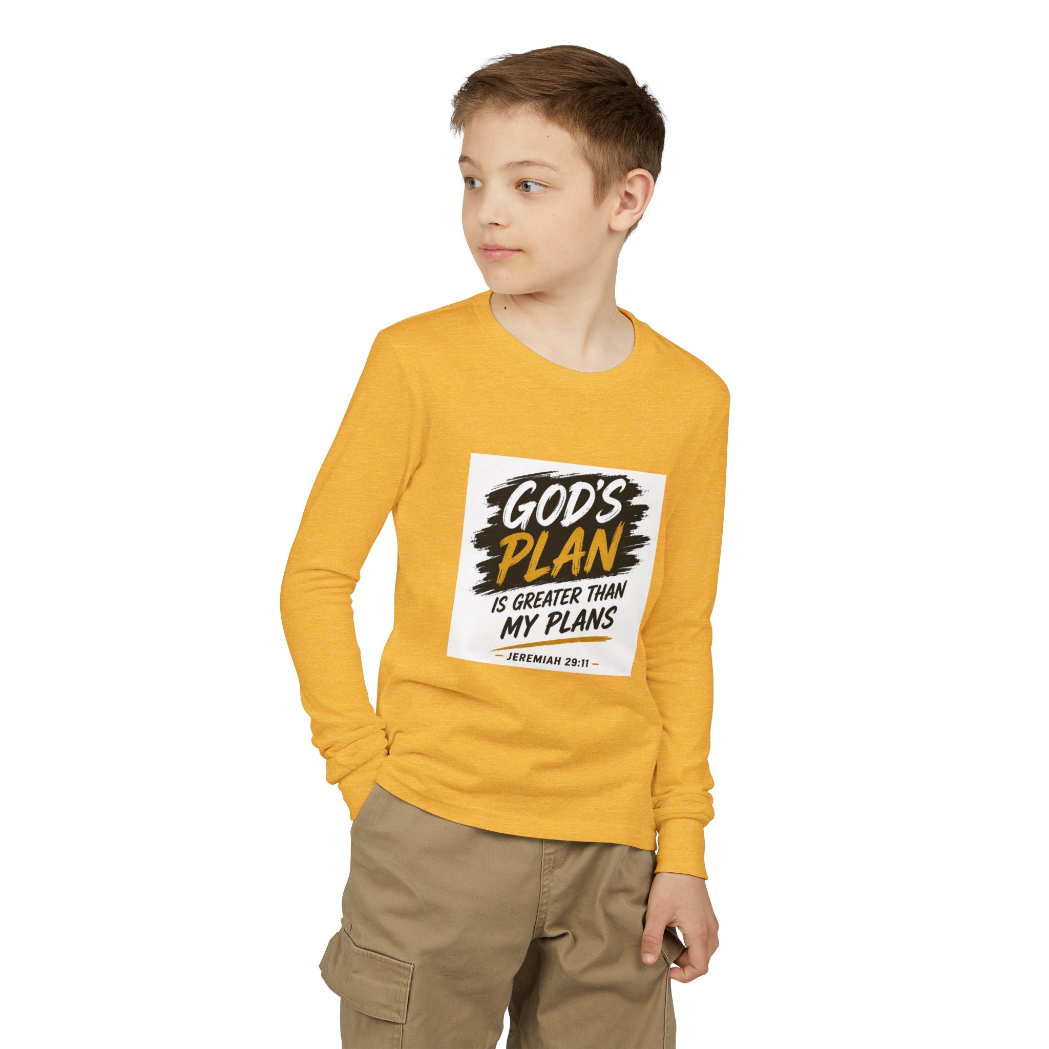 God's Plan Youth Long Sleeve Tee — "God's Plan Is Greater Than My Plans" Christian Kids Shirt