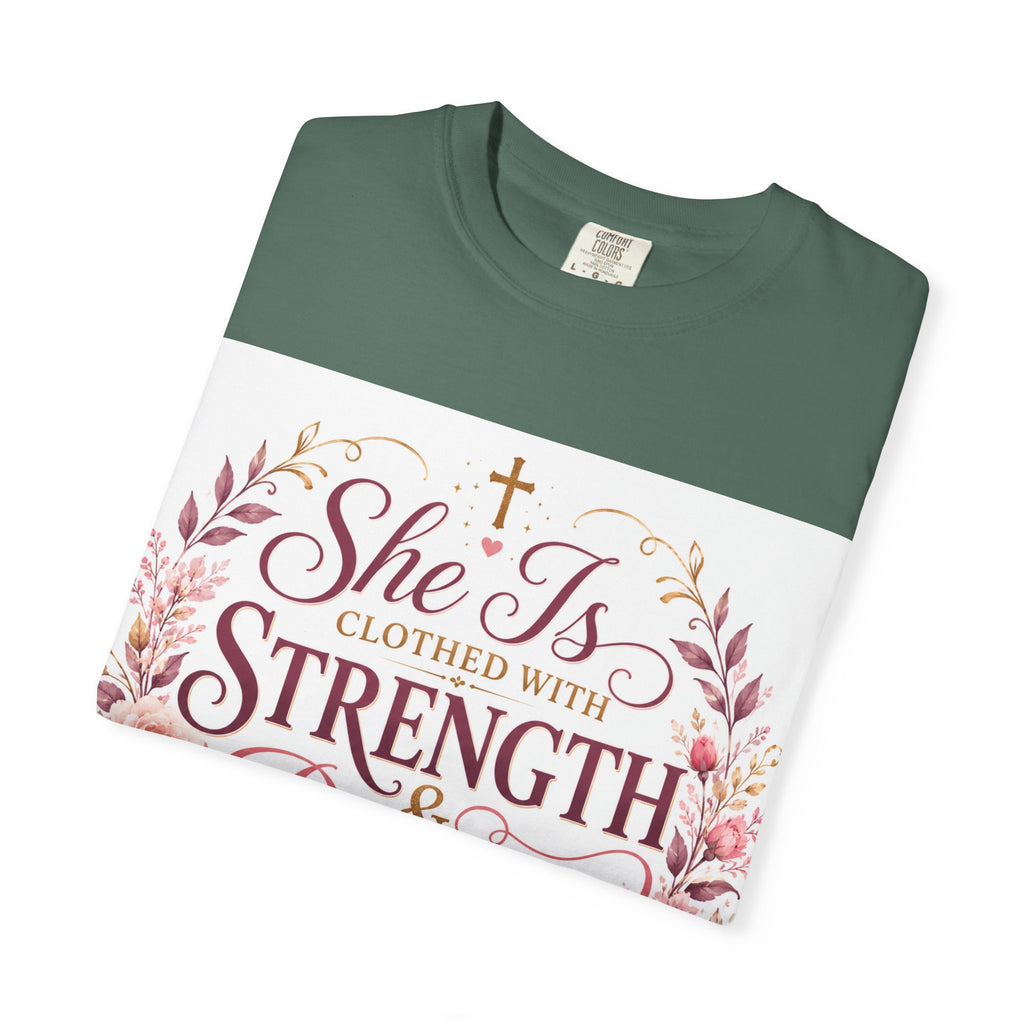 She Is Clothed With Strength & Dignity T-Shirt — Proverbs 31 Floral Christian Tee