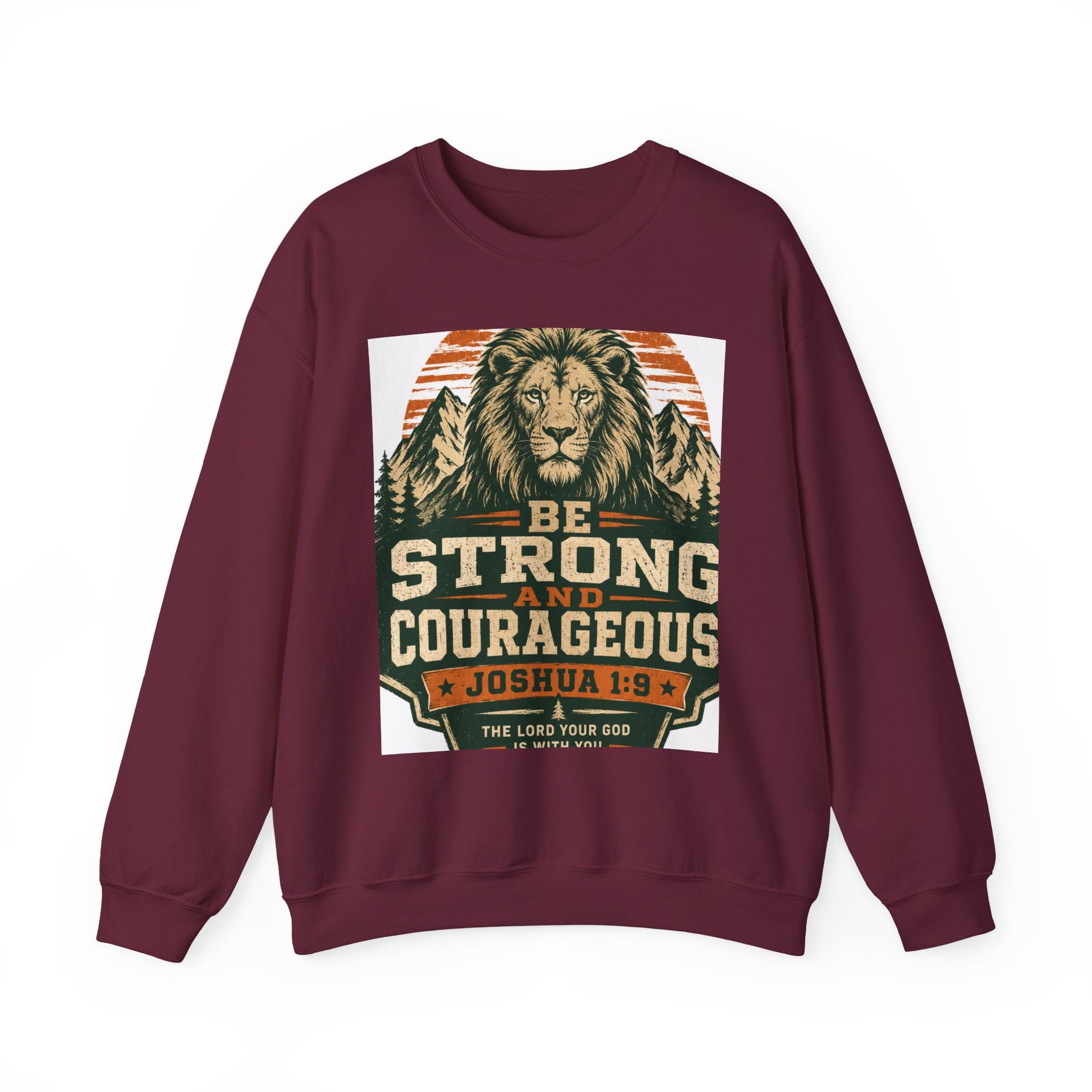 Be Strong and Courageous Crewneck Sweatshirt – Joshua 1:9 Lion Graphic