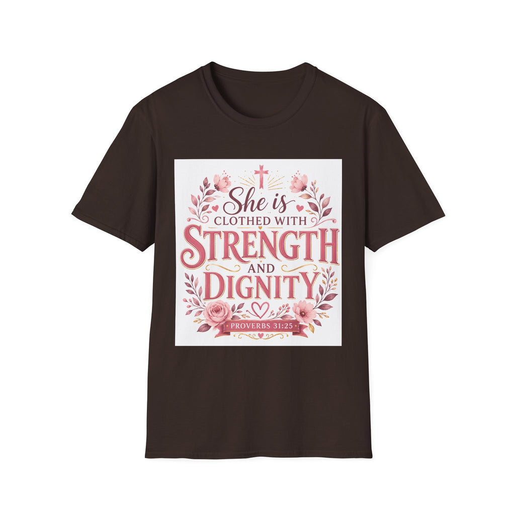 T-Shirt — "She Is Clothed With Strength and Dignity" Christian Floral Inspirational Tee