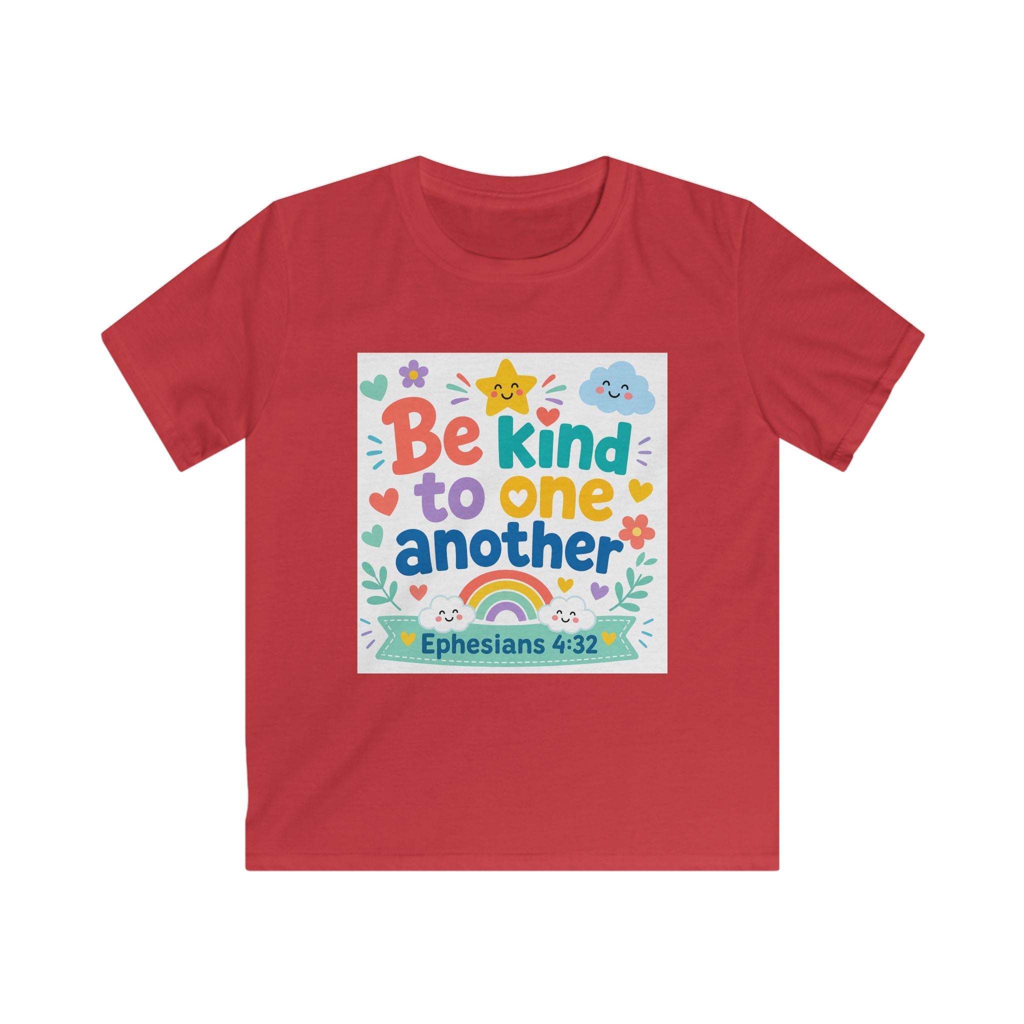 Kids Tee — “Be Kind to One Another” Ephesians 4:32 Christian Rainbow Shirt