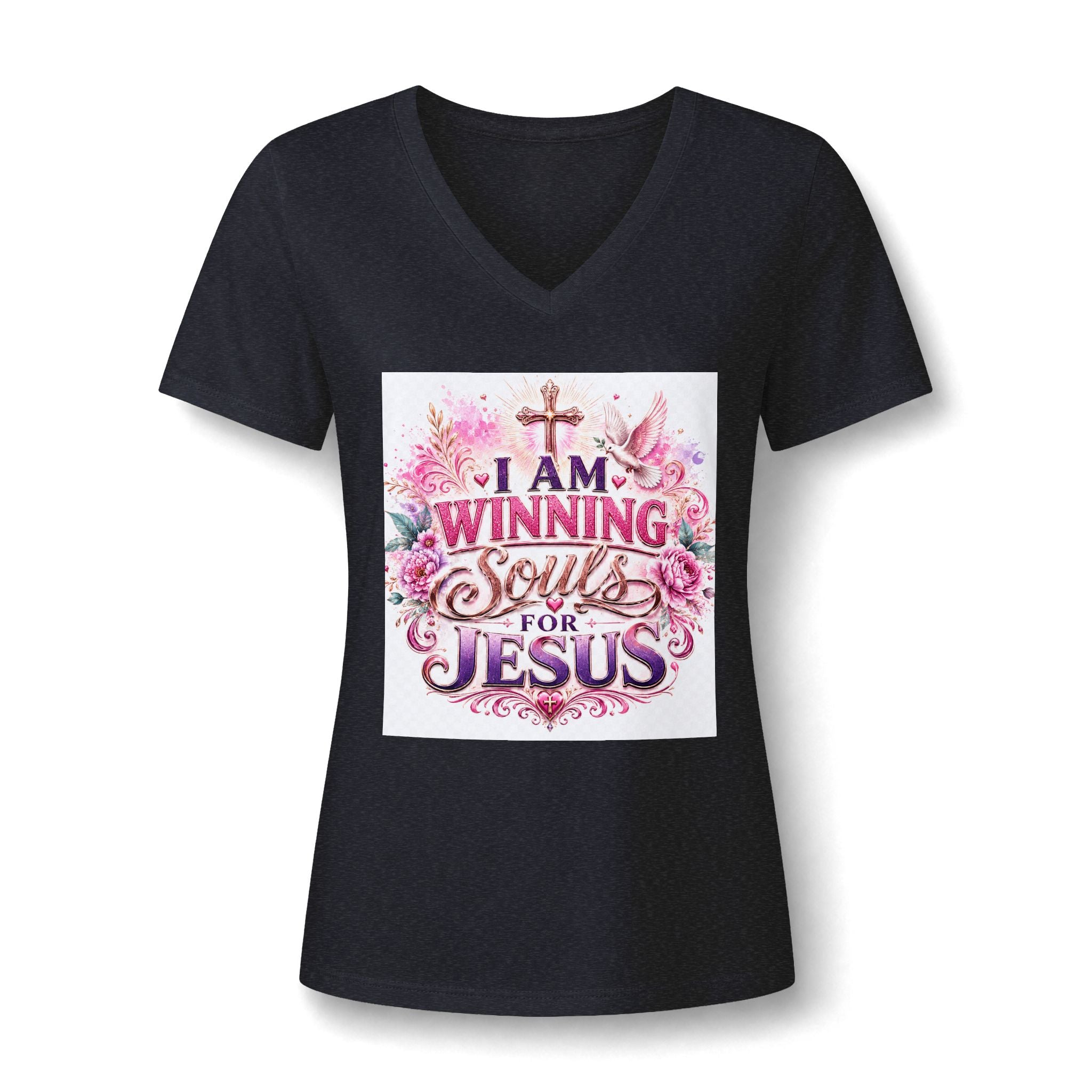 Christian V-Neck Tee — "I Am Winning Souls for Jesus" Floral Design