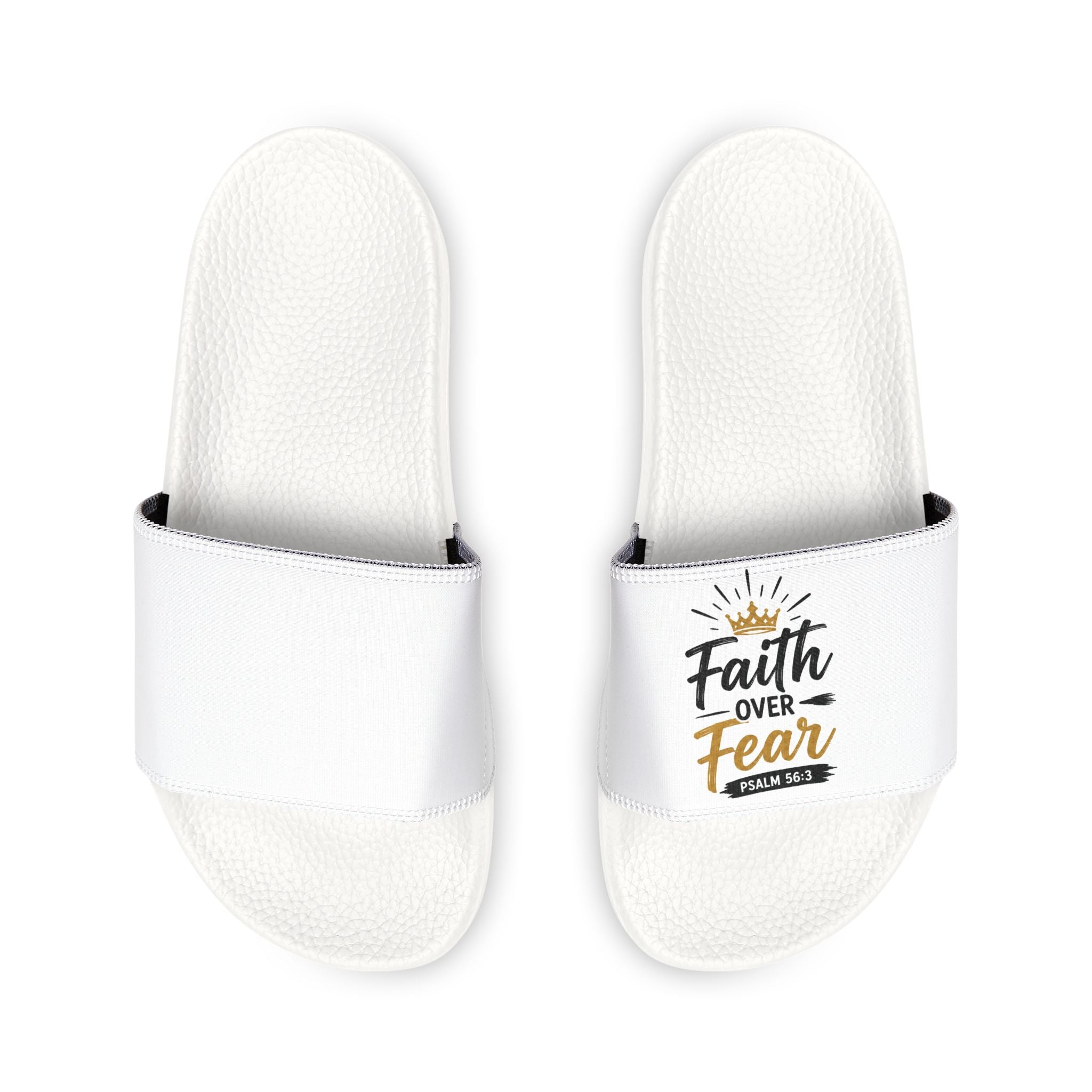 Youth Removable-Strap Slides — 'Faith Over Fear' Printed White Sandals for Kids
