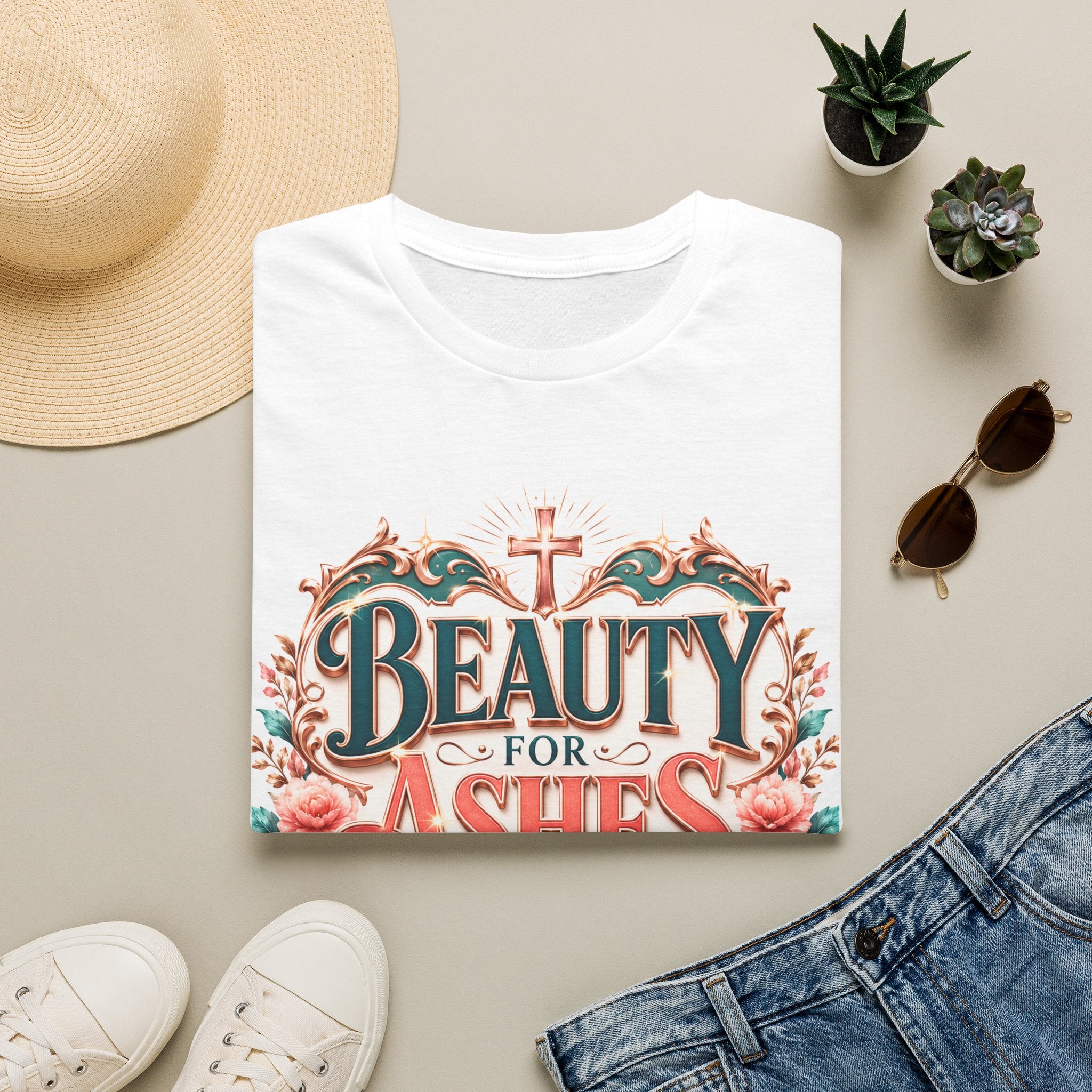 Beauty for Ashes T-Shirt — Christian Faith Floral Tee (Joy for Mourning)