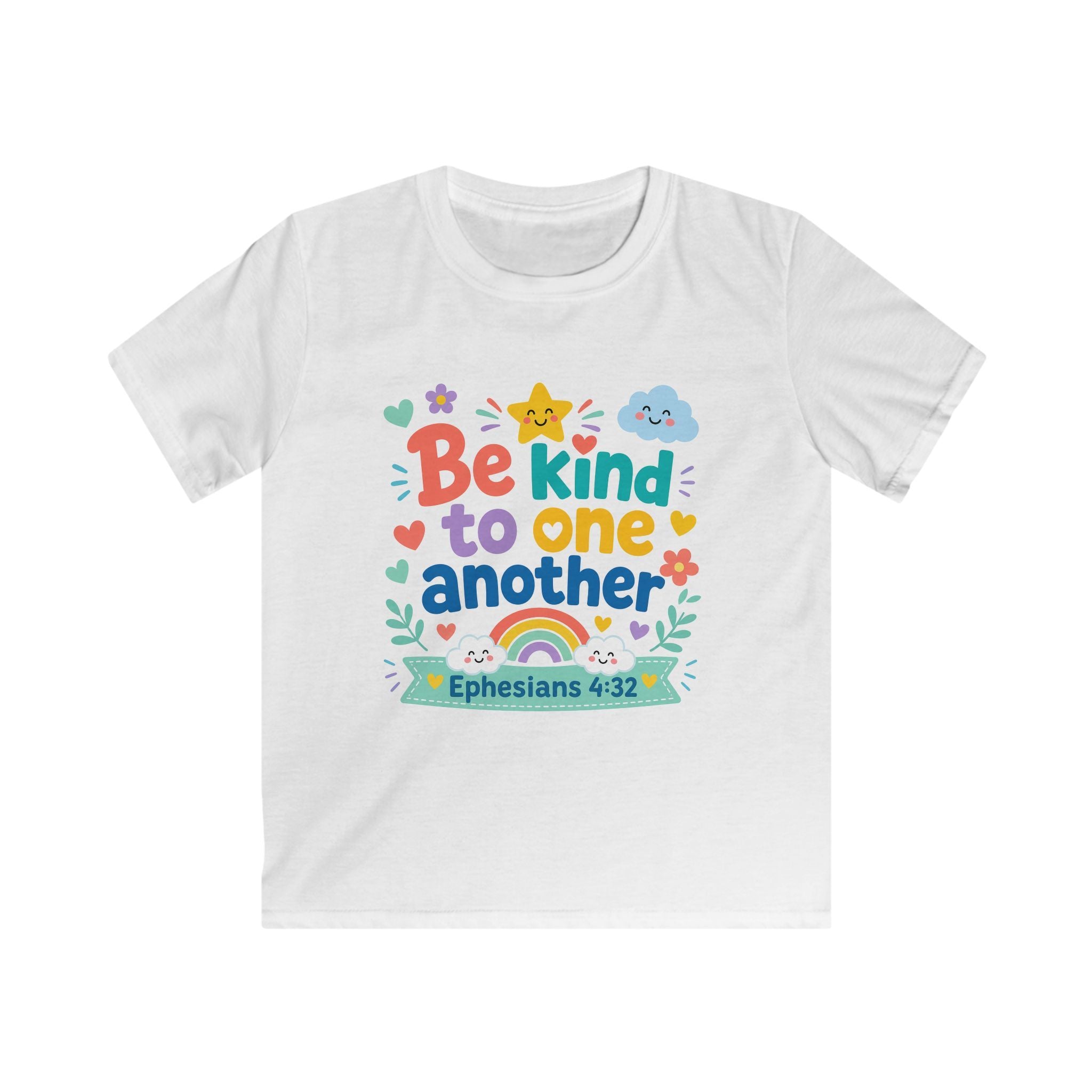 Kids Tee — “Be Kind to One Another” Ephesians 4:32 Christian Rainbow Shirt