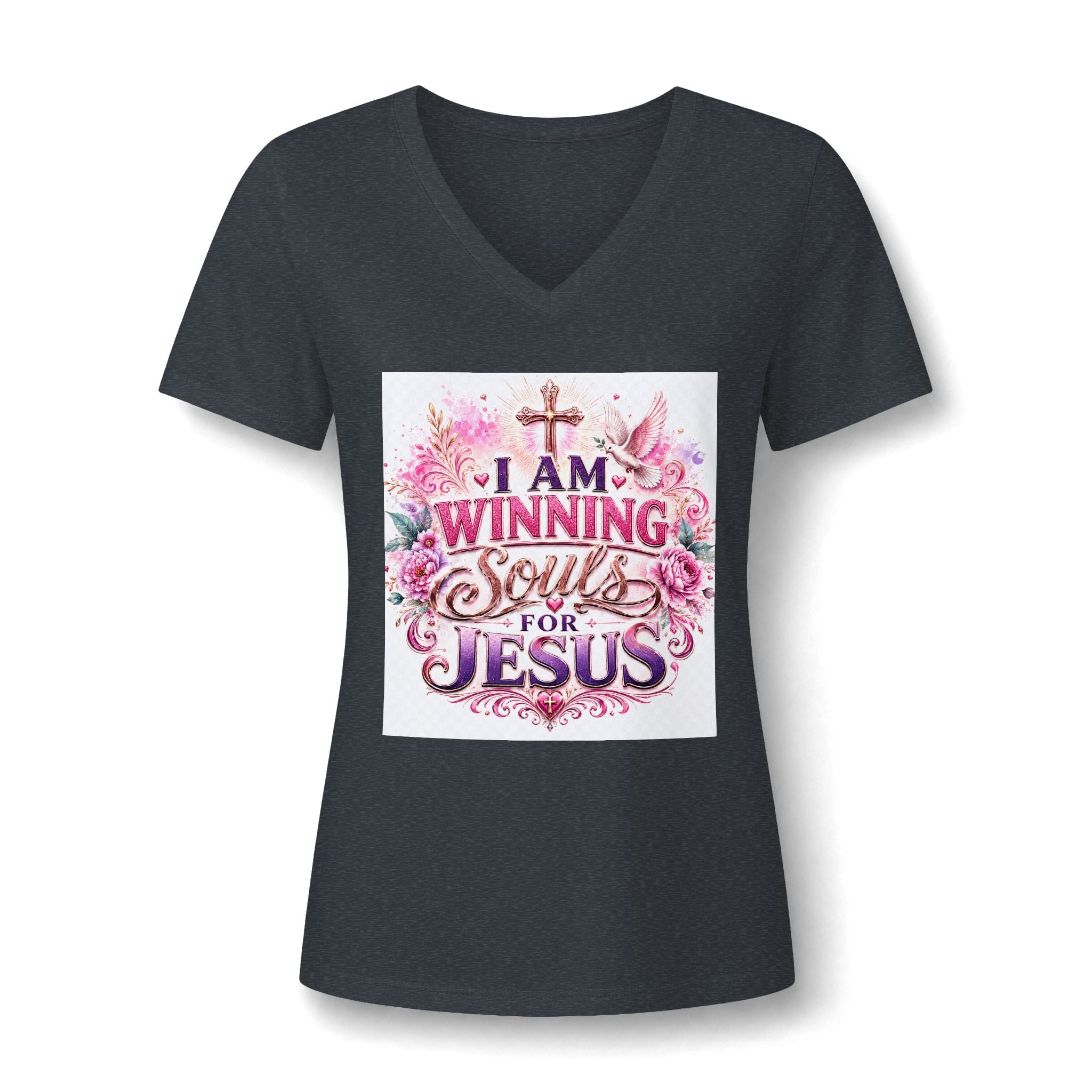 Christian V-Neck Tee — "I Am Winning Souls for Jesus" Floral Design