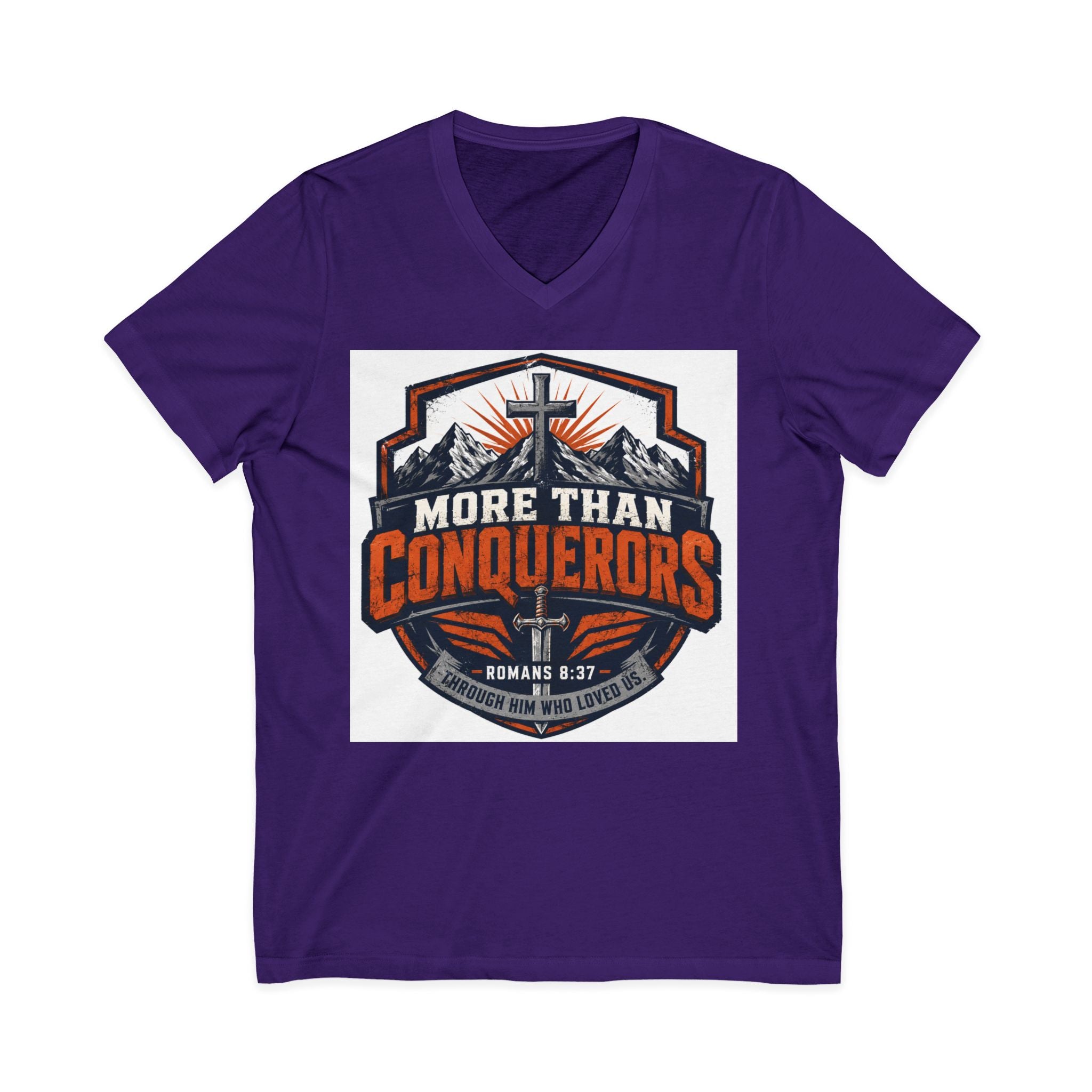 More Than Conquerors V-Neck Tee — Christian Faith Graphic Shirt (Romans 8:37)