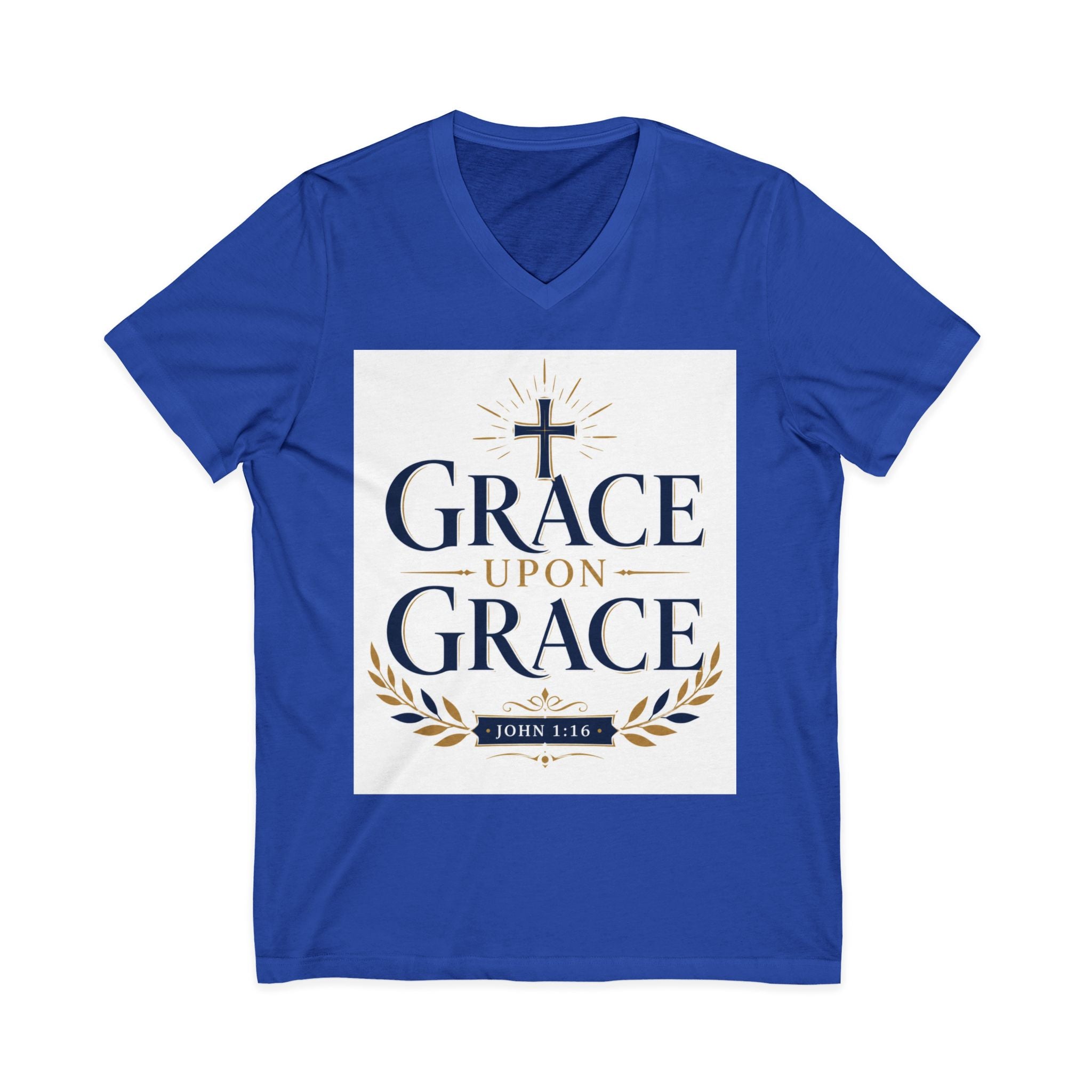 Grace Upon Grace V-Neck Tee — Christian Faith Inspirational Shirt (John 1:16)